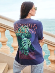 Navy Oversize Short Sleeve Back Graphic Print with Front Embroidery Crew Neck T-Shirt - Image 1 of 6