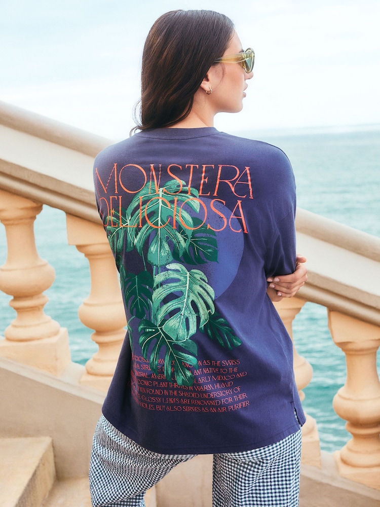 Navy Oversize Short Sleeve Back Graphic Print with Front Embroidery Crew Neck T-Shirt - Image 1 of 6