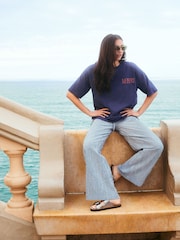 Navy Oversize Short Sleeve Back Graphic Print with Front Embroidery Crew Neck T-Shirt - Image 2 of 6