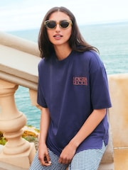 Navy Oversize Short Sleeve Back Graphic Print with Front Embroidery Crew Neck T-Shirt - Image 3 of 6