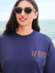 Navy Oversize Short Sleeve Back Graphic Print with Front Embroidery Crew Neck T-Shirt - Image 5 of 6