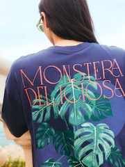 Navy Oversize Short Sleeve Back Graphic Print with Front Embroidery Crew Neck T-Shirt - Image 6 of 6