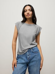 Charcoal Grey Washed Open Seam Detailing Raglan Short Sleeve Crew Neck T-Shirt - Image 1 of 7