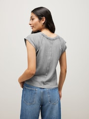 Charcoal Grey Washed Open Seam Detailing Raglan Short Sleeve Crew Neck T-Shirt - Image 2 of 7