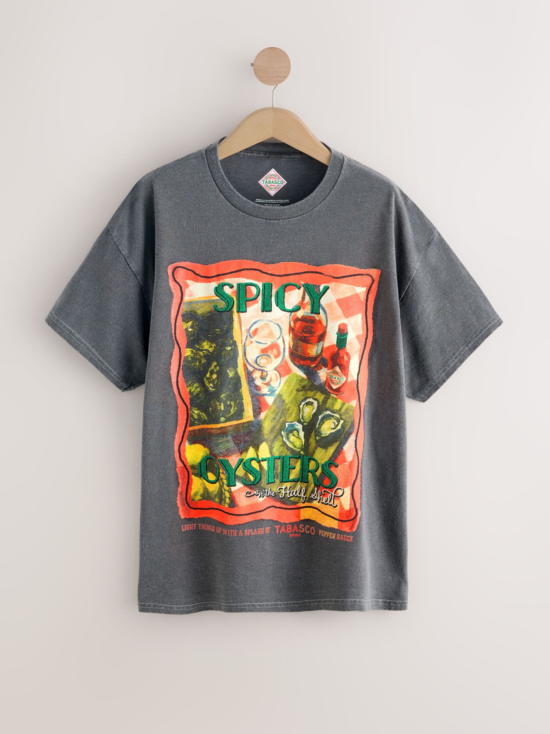 Buy Charcoal Grey Oyster Tabasco Graphic Printed Crew Neck T-Shirt