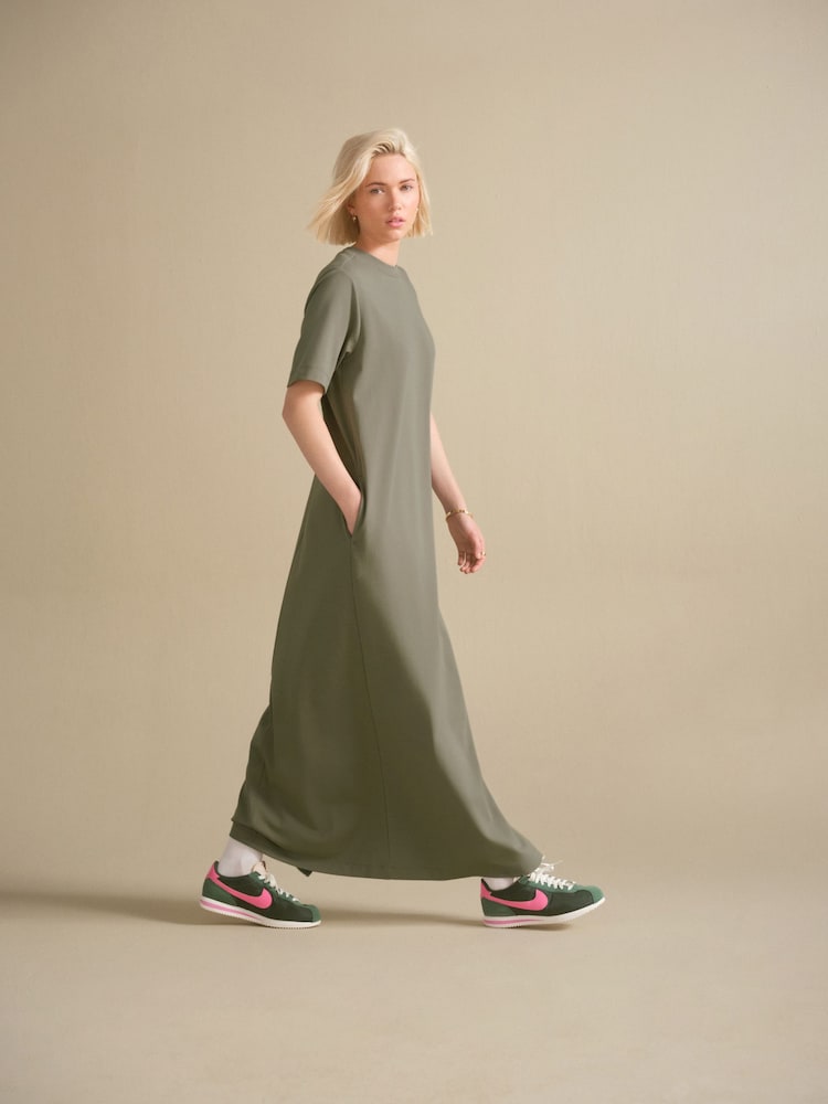 Green Heavyweight Short Sleeve Crew Neck Maxi T-Shirt Dress - Image 2 of 8
