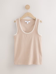 Neutral Contast Knit Trim Scoop Neck Sleeveless Tank Vest Top - Image 1 of 3