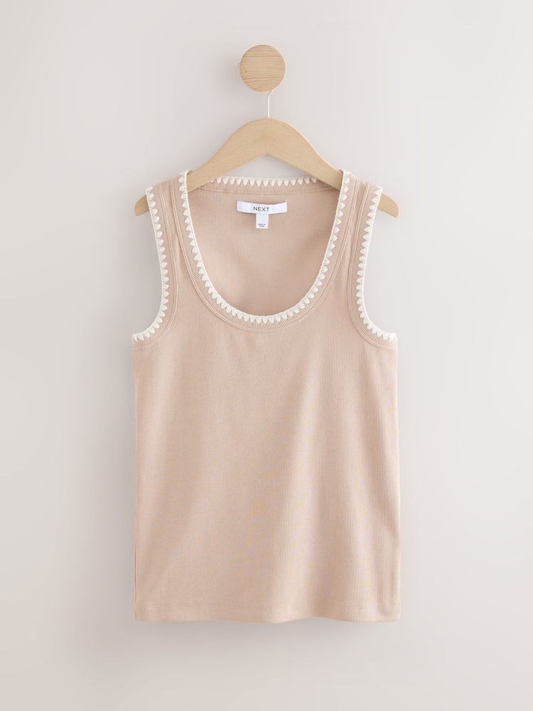Neutral Contast Knit Trim Scoop Neck Sleeveless Tank Vest Top - Image 1 of 3