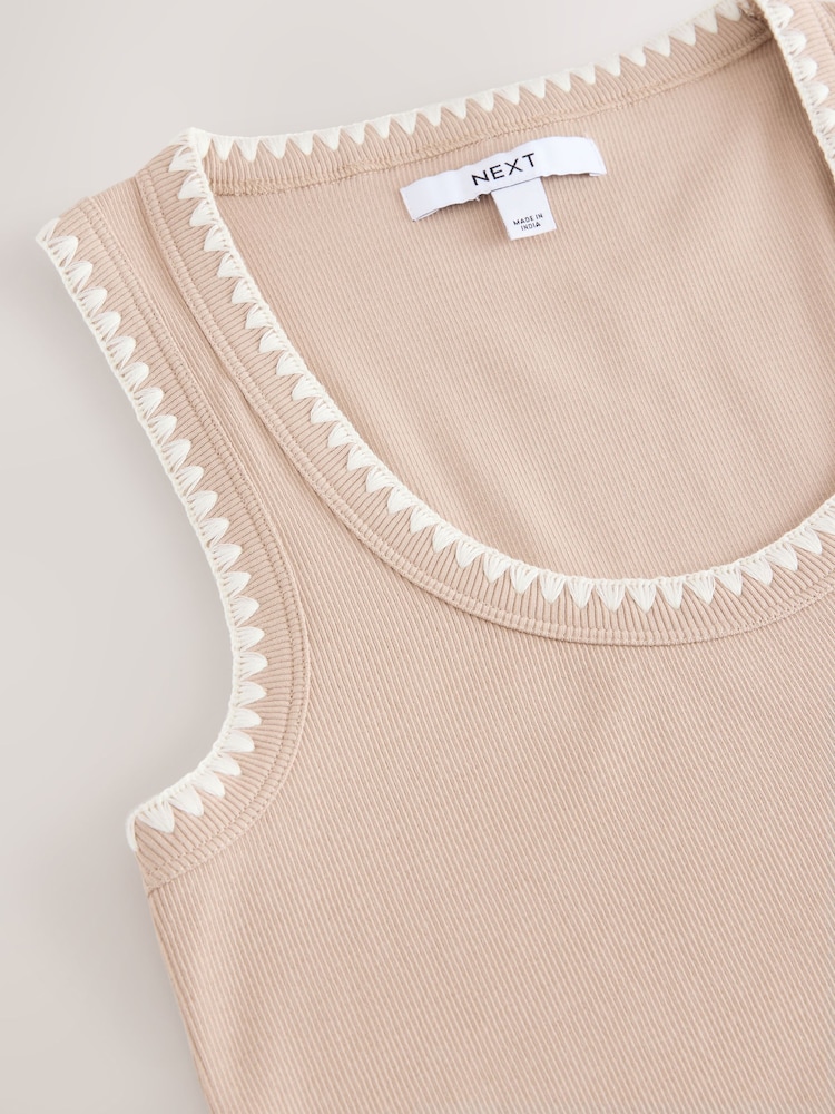Neutral Contast Knit Trim Scoop Neck Sleeveless Tank Vest Top - Image 2 of 3