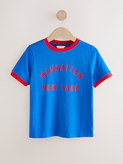 Cobalt Blue Short Sleeve Crewneck Graphic Print Contrast Ringer T-Shirt - Image 1 of 3