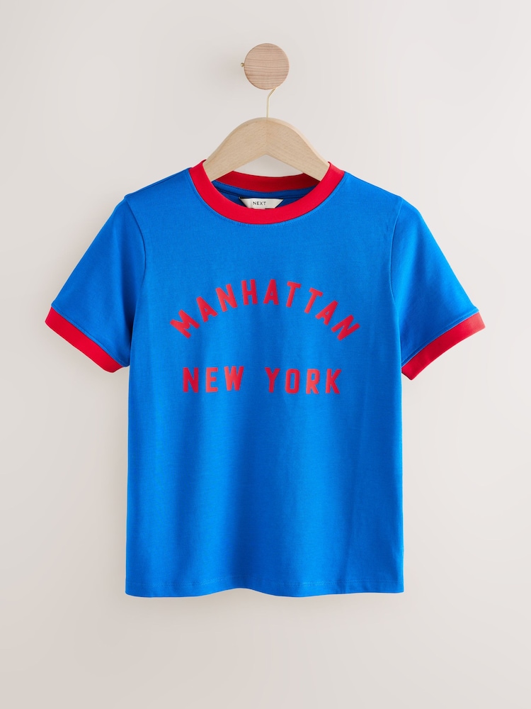 Cobalt Blue Short Sleeve Crewneck Graphic Print Contrast Ringer T-Shirt - Image 1 of 3