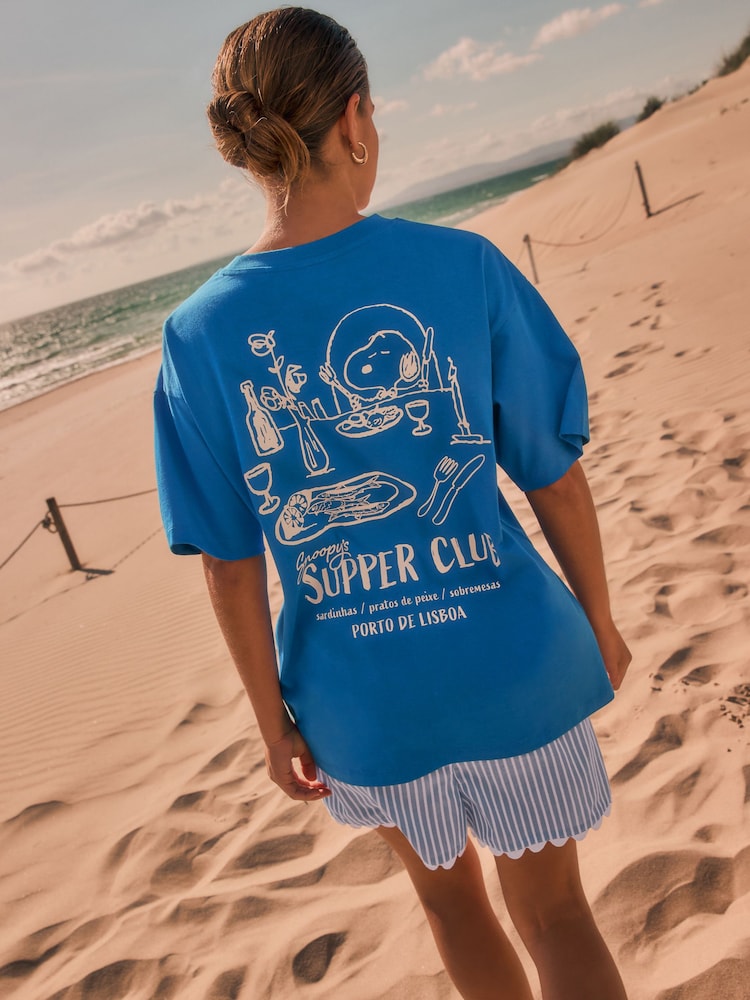 Blue Offical Snoopy License Dinner Scene Graphic Print Short Sleeve Crew Neck T-Shirt - Image 1 of 9