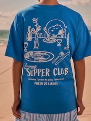 Blue Offical Snoopy License Dinner Scene Graphic Print Short Sleeve Crew Neck T-Shirt - Image 4 of 9