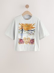 Light Grey Sun Scene Embroidered Applique Front Graphic Print Short Sleeve T-Shirt - Image 7 of 9