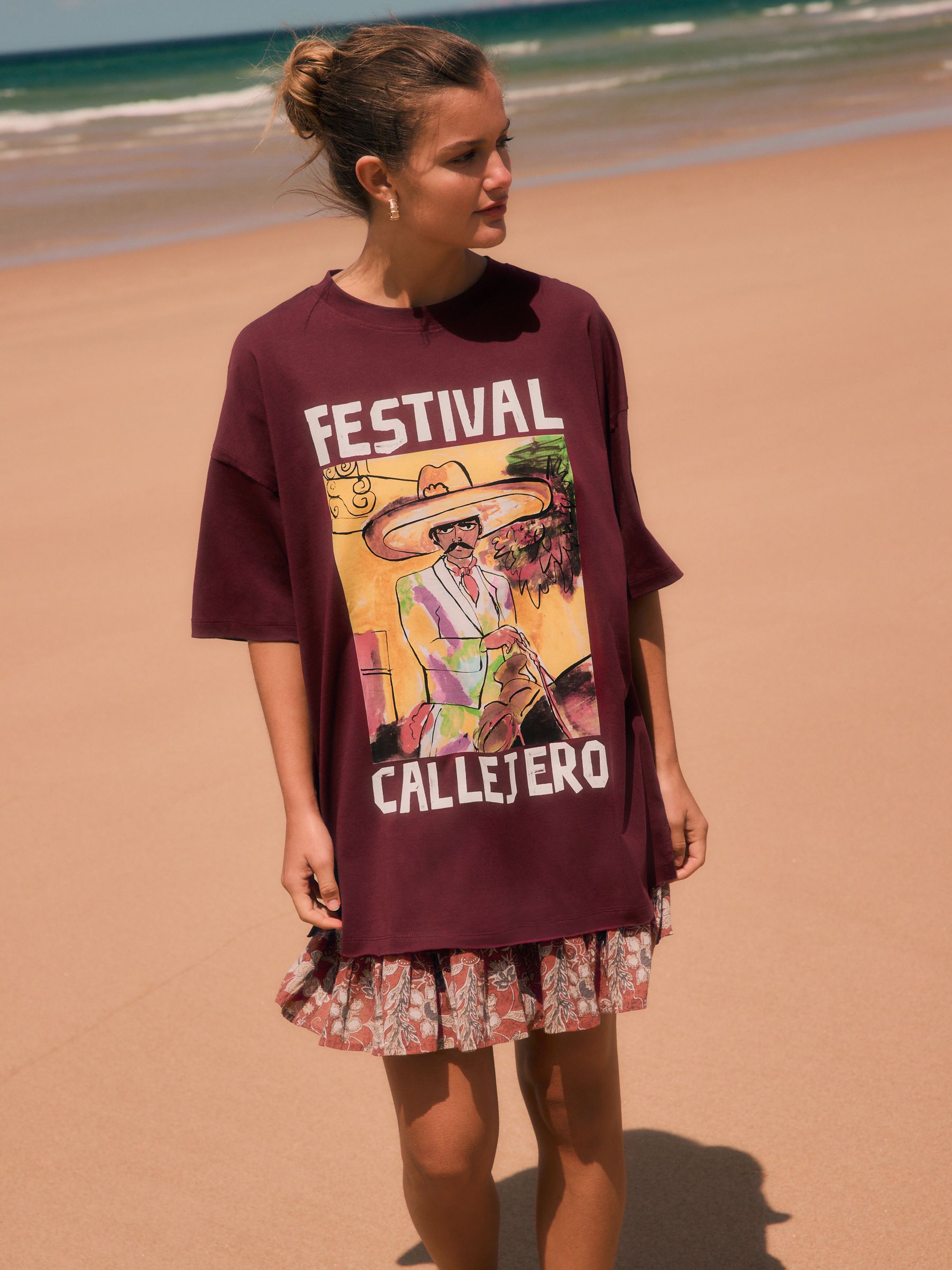 Buy Burgundy Red Oversized Fun Festival Graphic Print Short Sleeve