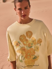 Yellow Official License Van Gogh Sunflowers Graphic Print Longline Crew Neck T-Shirt - Image 1 of 6