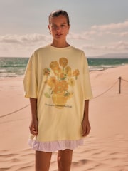 Yellow Official License Van Gogh Sunflowers Graphic Print Longline Crew Neck T-Shirt - Image 2 of 6