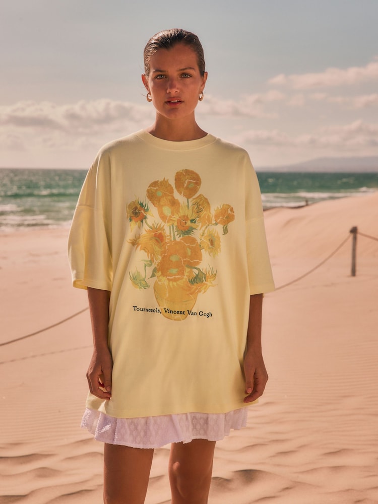 Yellow Official License Van Gogh Sunflowers Graphic Print Longline Crew Neck T-Shirt - Image 2 of 6