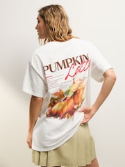 Ecru Oversized Pumpkin Latte Recipe Autumnal Graphic Print Short Sleeve Crew Neck T-Shirt - Image 1 of 4