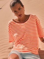 Fluro Orange Stripe - Camiseta de linho com mistura modal de toque macio e gola redonda - Imagem 1 de 6