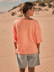 Fluro Orange Stripe - Camiseta de linho com mistura modal de toque macio e gola redonda - Imagem 2 de 6