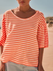 Fluro Orange Stripe - Camiseta de linho com mistura modal de toque macio e gola redonda - Imagem 3 de 6