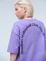 Purple Oversized Relaxed Fit Sporty Graphic Print Short Sleeve Crew Neck T-Shirt - Image 1 of 9