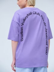 Purple Oversized Relaxed Fit Sporty Graphic Print Short Sleeve Crew Neck T-Shirt - Image 4 of 9
