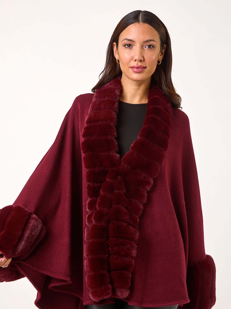 Roman Red Faux Fur Trim Knitted Poncho - Image 1 of 5