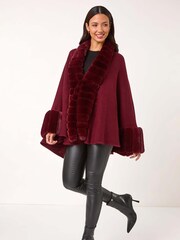 Roman Red Faux Fur Trim Knitted Poncho - Image 3 of 5