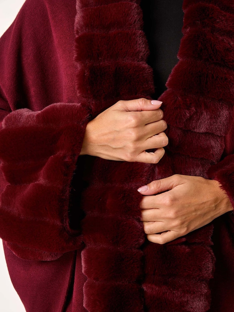 Roman Red Faux Fur Trim Knitted Poncho - Image 5 of 5