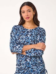 Roman Blue Abstract Print Side Tie Ruched Top - Image 1 of 5