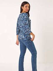 Roman Blue Abstract Print Side Tie Ruched Top - Image 2 of 5