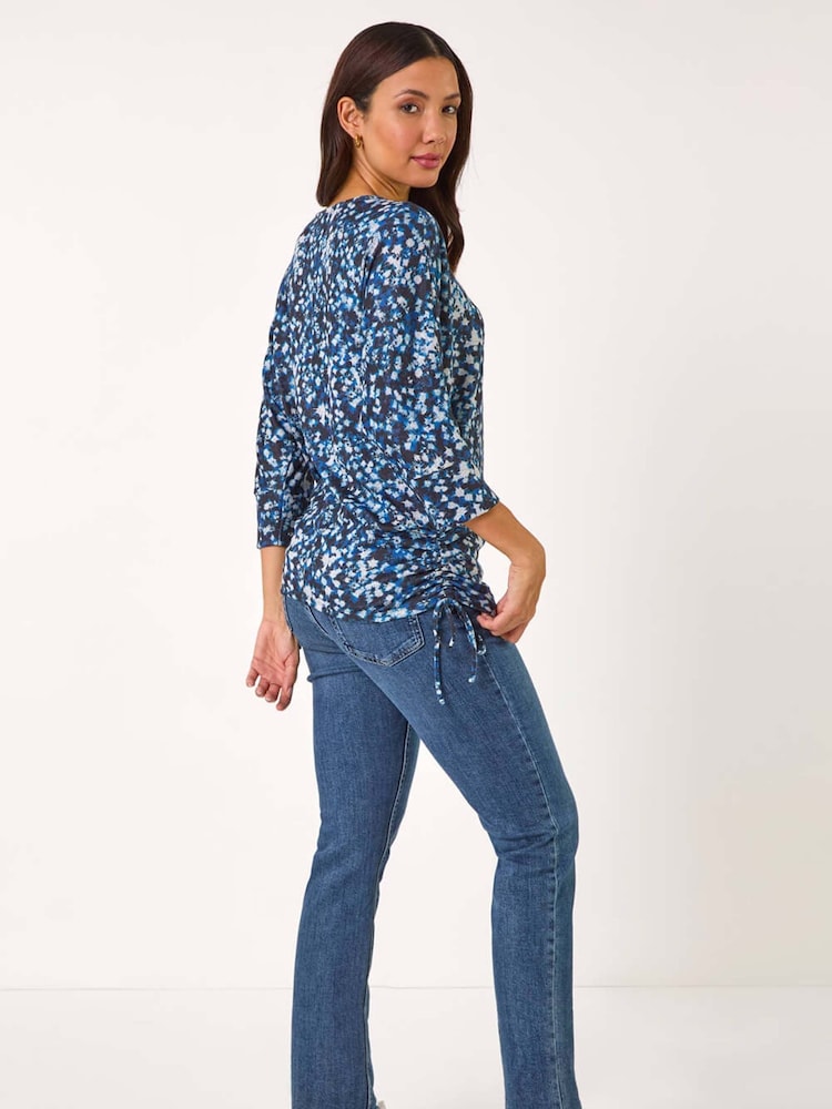 Roman Blue Abstract Print Side Tie Ruched Top - Image 2 of 5