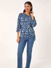 Roman Blue Abstract Print Side Tie Ruched Top - Image 3 of 5