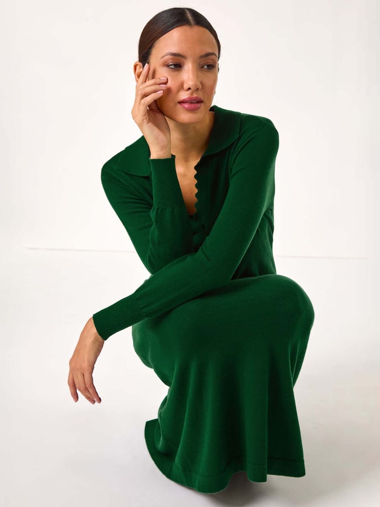 Roman Green Scallop Detail Knitted Midi Dress - Image 1 of 5