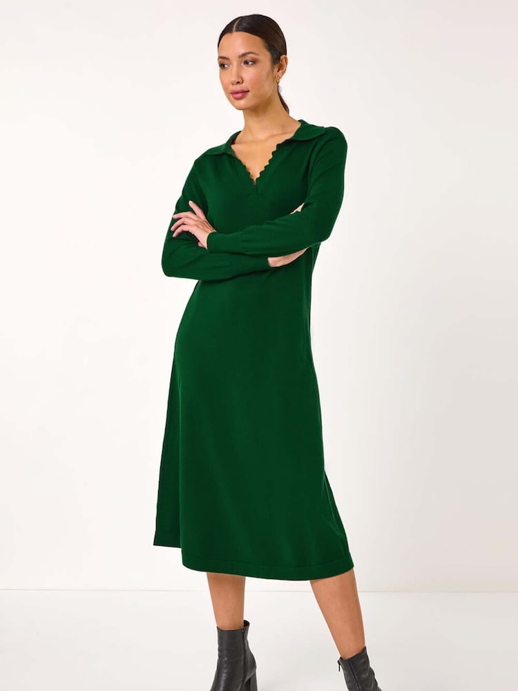 Roman Green Scallop Detail Knitted Midi Dress - Image 2 of 5