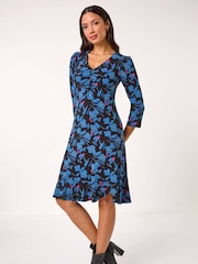 Roman Black Floral Print V-Neck Ruched Dress - Image 1 of 5