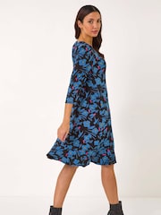 Roman Black Floral Print V-Neck Ruched Dress - Image 3 of 5