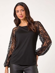 Roman Black Lace Sleeve Stretch Blouses - Image 3 of 5