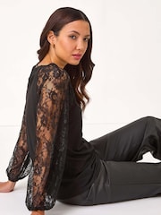 Roman Black Lace Sleeve Stretch Blouses - Image 4 of 5