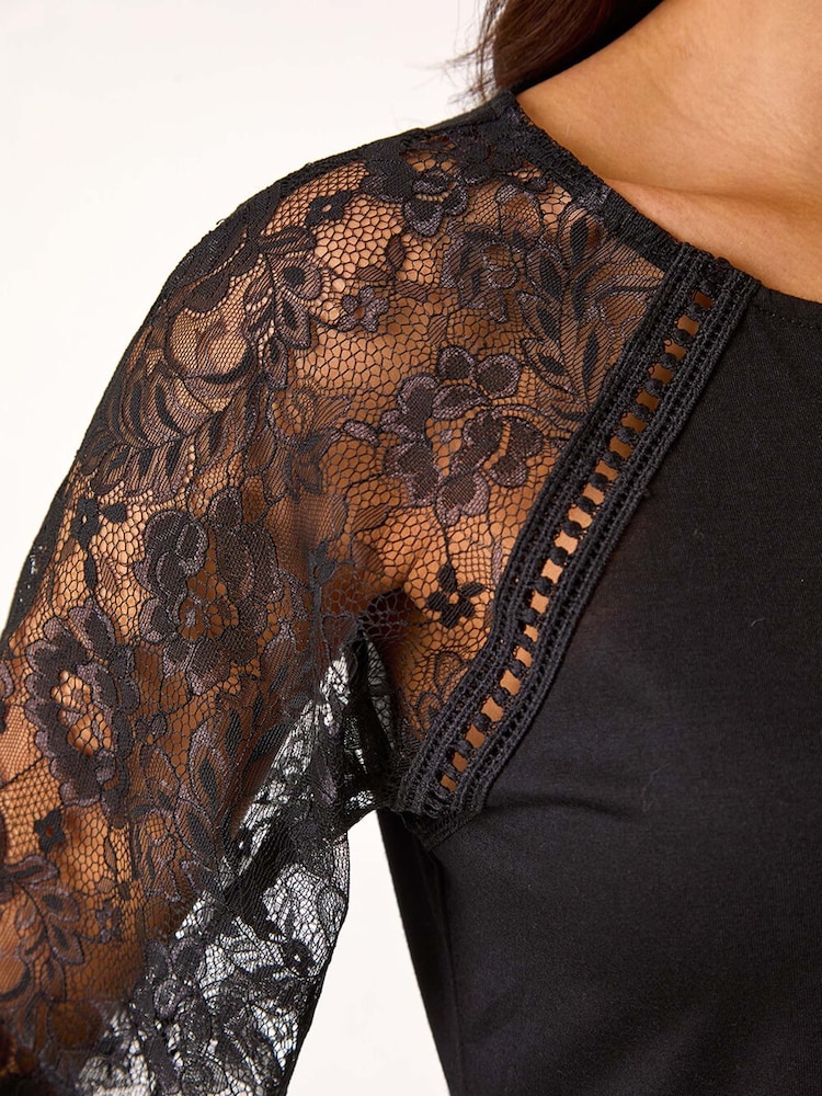 Roman Black Lace Sleeve Stretch Blouses - Image 5 of 5