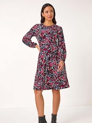 Roman Pink Floral Print Ruched Stretch Dress - Image 1 of 5