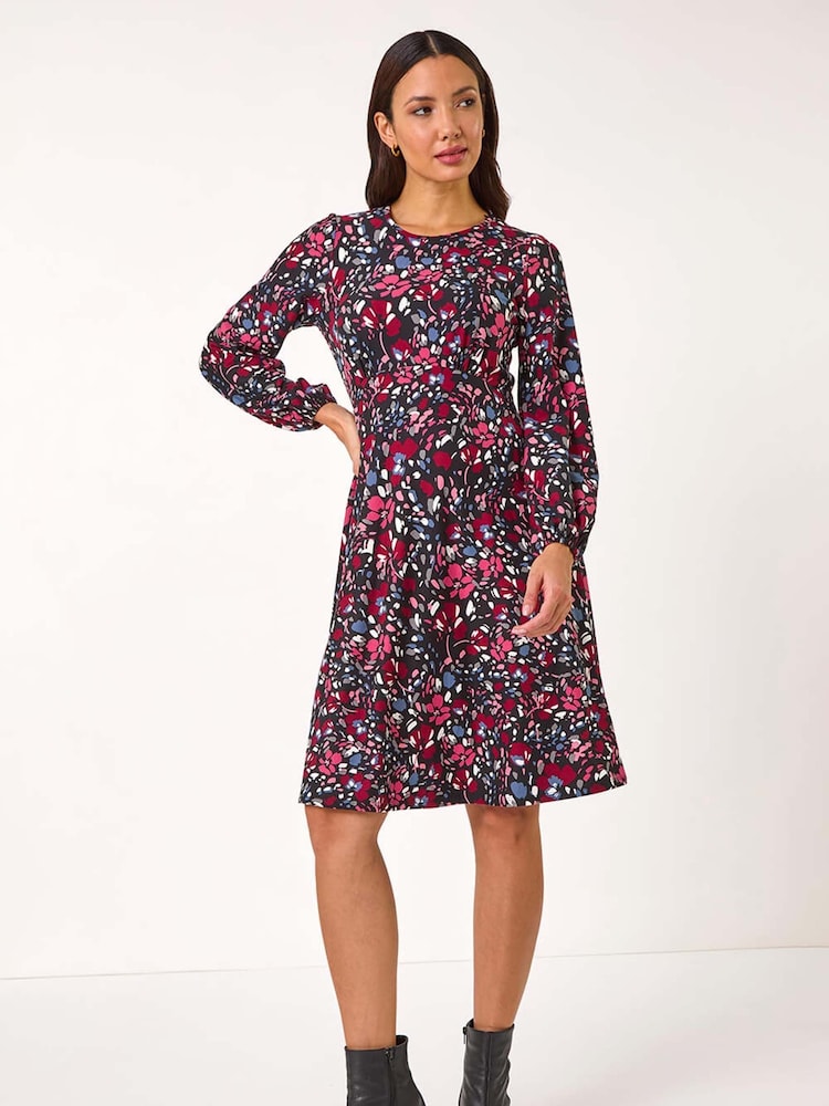 Roman Pink Floral Print Ruched Stretch Dress - Image 1 of 5