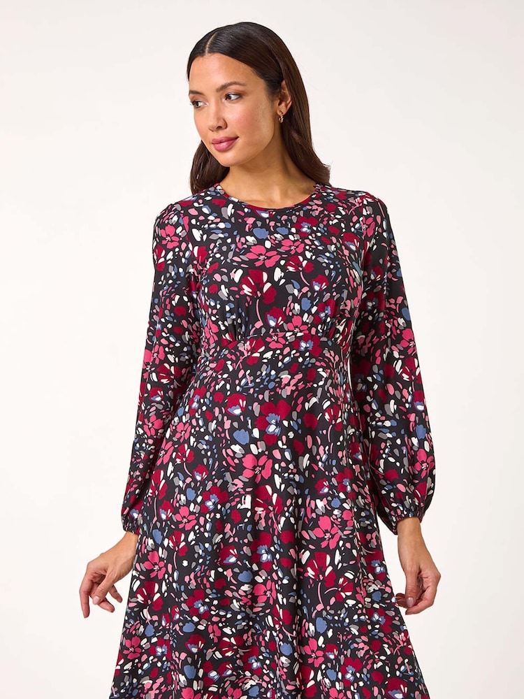 Roman Pink Floral Print Ruched Stretch Dress - Image 2 of 5