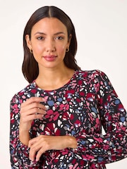 Roman Pink Floral Print Ruched Stretch Dress - Image 4 of 5