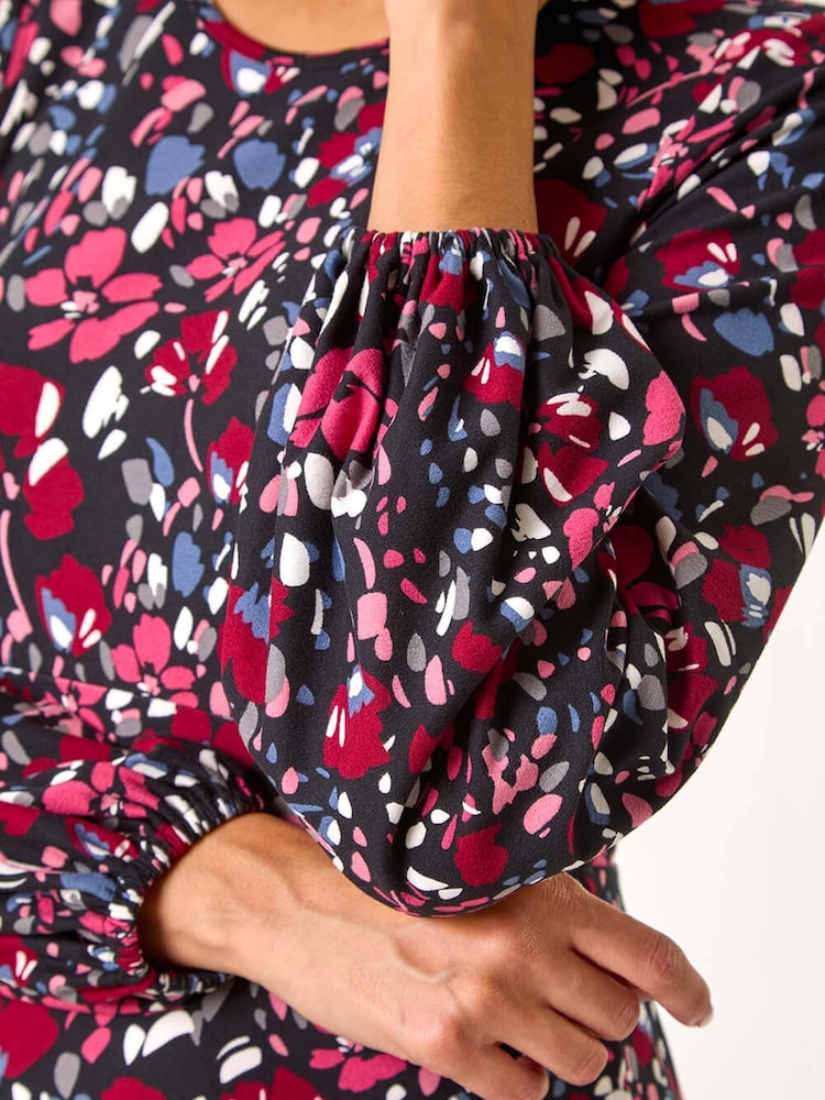 Roman Pink Floral Print Ruched Stretch Dress - Image 5 of 5