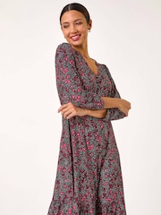 Roman Pink Disty Floral Print V-Neck Stretch Dress - Image 1 of 5