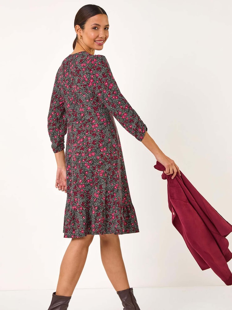 Roman Pink Disty Floral Print V-Neck Stretch Dress - Image 2 of 5