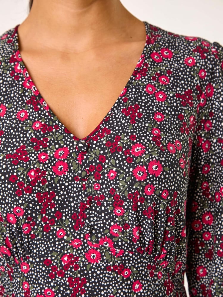 Roman Pink Disty Floral Print V-Neck Stretch Dress - Image 5 of 5